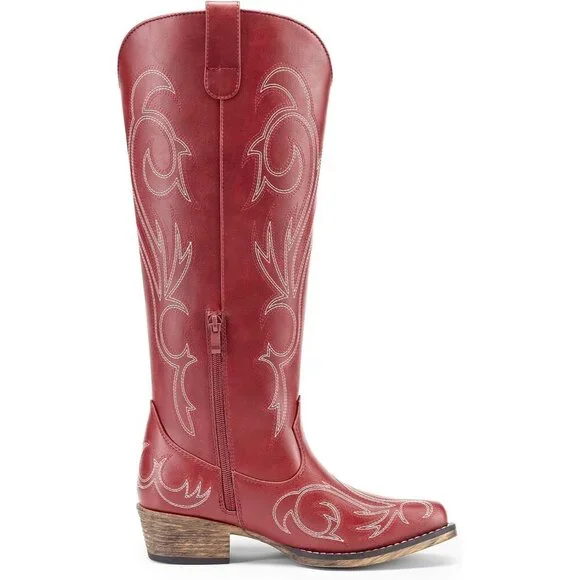Women Faux Leather Red Knee High Chunky Heel Side Zipper Embroidered Boot